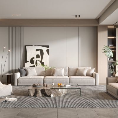 现代客厅奶油风客厅北欧客厅三人沙发茶几单人沙发摆件酒柜画