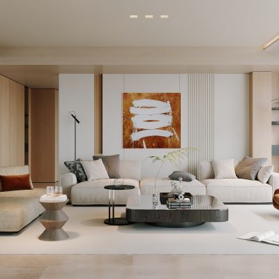 客厅，侘寂，现代，沙发组合，落地灯，盆栽，背景墙，装饰画