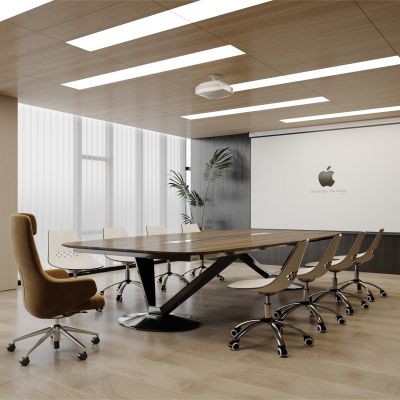 现代会议室，侘寂，现代，办公桌椅，吊灯，投影仪，盆栽，背景墙