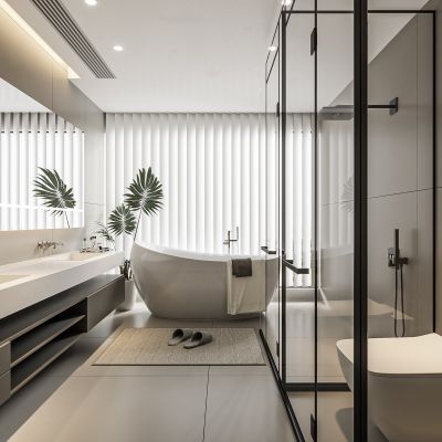 现代卫生间 马桶 浴室柜 洗脸盆 镜子 玻璃隔断 浴缸 梦幻帘