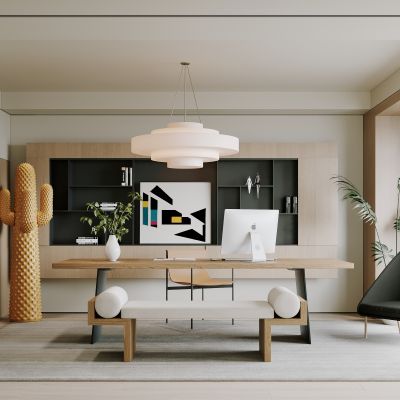 侘寂，现代，书房，书桌椅，吊灯，单椅，盆栽，书柜