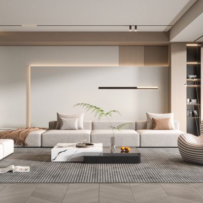 现代客厅奶油风客厅北欧客厅三人沙发茶几单人沙发画落地灯