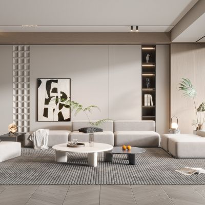 现代客厅奶油风客厅北欧客厅三人沙发茶几楼梯酒柜画落地灯