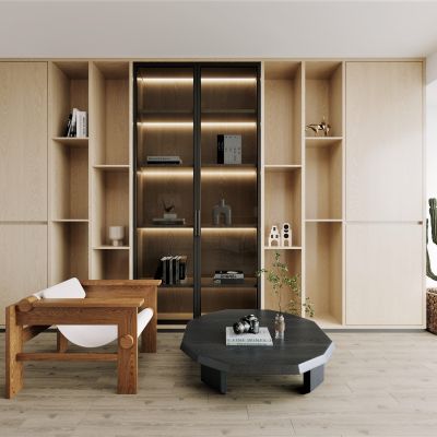 书房，侘寂，现代，书桌椅，吊灯，单椅，盆栽，书柜