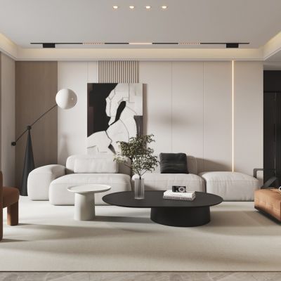 现代客餐厅，沙发，餐桌，电视柜，酒柜，吊灯，装饰画