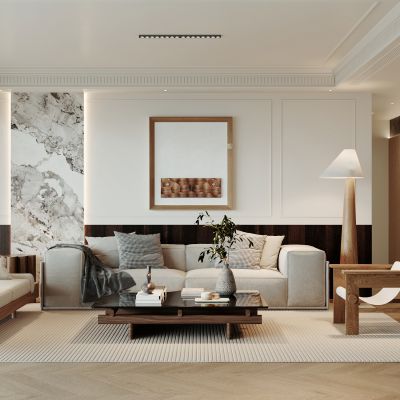 侘寂，现代，客厅，沙发组合，落地灯，盆栽，背景墙，装饰画