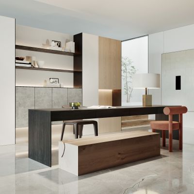 书房，侘寂，现代，书桌椅，吊灯，单椅，盆栽，书柜