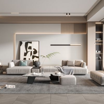 现代客厅奶油风客厅北欧客厅三人沙发茶几楼梯酒柜画落地灯