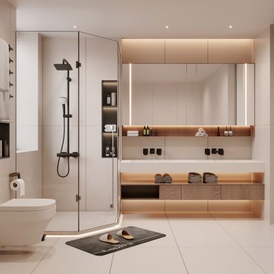 卫生间，台盆柜，淋浴房，坐便器，镜子，卫浴柜