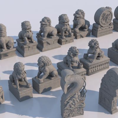 中式石狮子雕塑 貔貅 抱鼓石_石墩3D模型