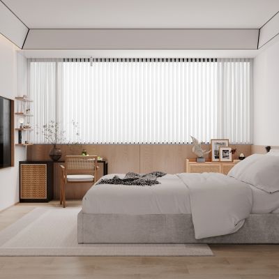 卧室，侘寂，床品组合，台灯，装饰画，盆栽，背景墙，书桌椅，边柜，装饰柜