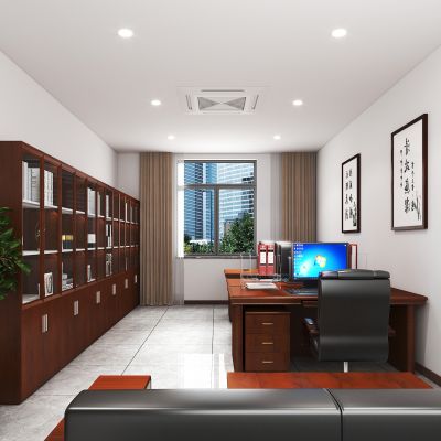 律师会所办公室，办公桌椅组合，书柜，真皮沙发