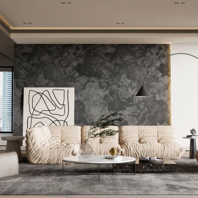 奶油风客厅 沙发 茶几 落地灯