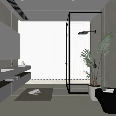 现代卫生间 马桶 浴室柜 洗脸盆 镜子 玻璃隔断  梦幻帘