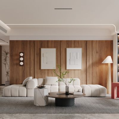 客厅，侘寂，现代，沙发组合，落地灯，盆栽，背景墙，装饰画