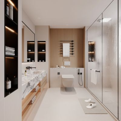 卫生间，台盆柜，淋浴房，坐便器，镜子，卫浴柜