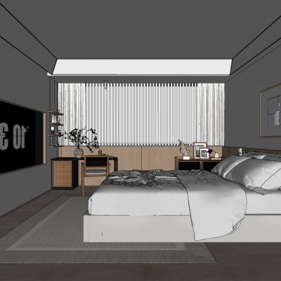 卧室，侘寂，床品组合，台灯，装饰画，盆栽，背景墙，书桌椅，边柜，装饰柜