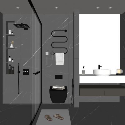 现代卫生间 马桶 浴室柜 洗脸盆 镜子 玻璃隔断  百叶帘