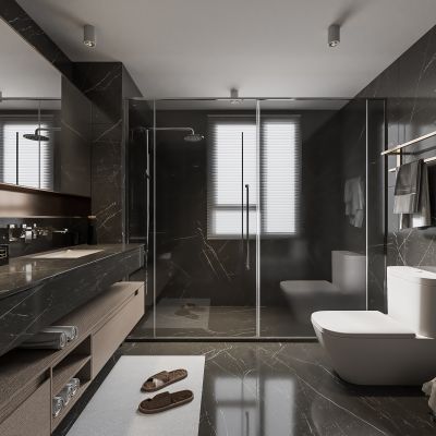 现代卫生间 马桶 浴室柜 洗脸盆 镜子 玻璃隔断 百叶帘