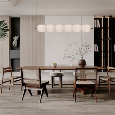 餐厅，侘寂，现代，餐桌椅，吊灯，餐边柜，橱柜，盆栽