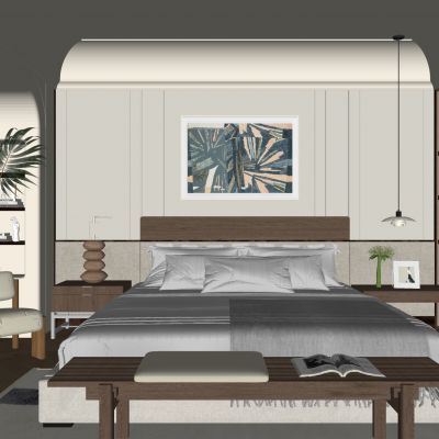 卧室，侘寂，现代，床品组合，台灯，装饰画，盆栽，背景墙