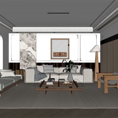 侘寂，现代，客厅，沙发组合，落地灯，盆栽，背景墙，装饰画