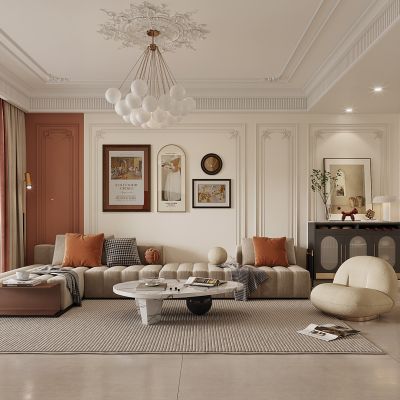 法式奶油侘寂风客餐厅， 沙发， 餐桌，电视柜 ，酒柜 ，装饰画