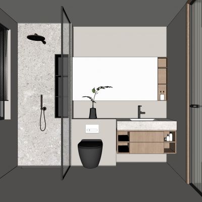 卫生间，台盆柜，淋浴房，坐便器，镜子，卫浴柜