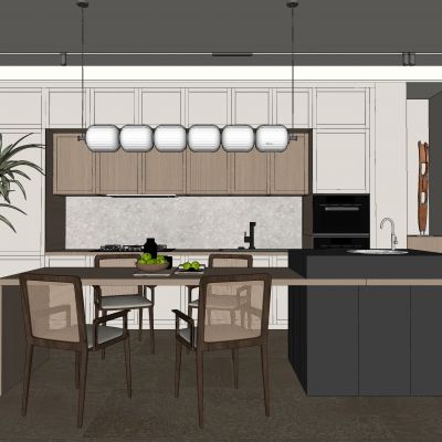 开放式厨房，餐厅，中岛，侘寂，现代，餐桌椅，吊灯，餐边柜，橱柜