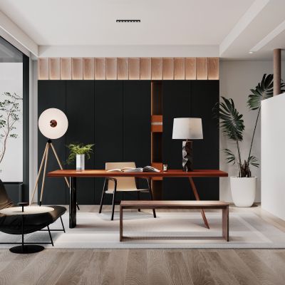 书房，侘寂，现代，书桌椅，吊灯，单椅，盆栽，书柜