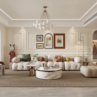 法式奶油侘寂风客餐厅， 沙发， 餐桌，电视柜 ，酒柜 ，装饰画