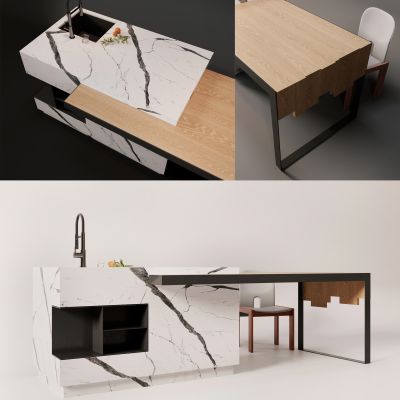 现代，水吧，餐桌椅，岛台