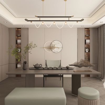 新中式茶室，茶台背景墙3D模型