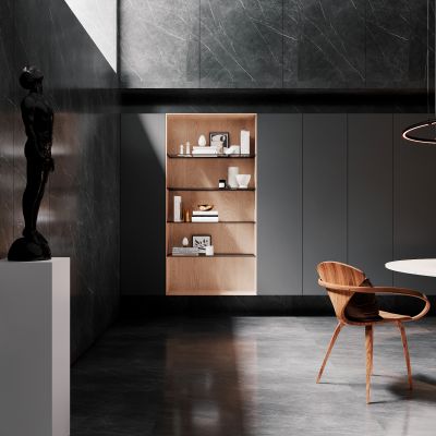 餐厅，现代，餐桌椅，吊灯，餐边柜，橱柜，盆栽，高级灰，别墅中空，餐边柜，酒柜