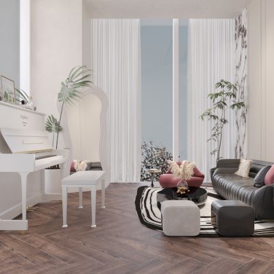 钢琴室 钢琴 月球灯 沙发茶几 镜子