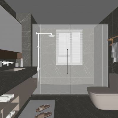 现代卫生间 马桶 浴室柜 洗脸盆 镜子 玻璃隔断 百叶帘