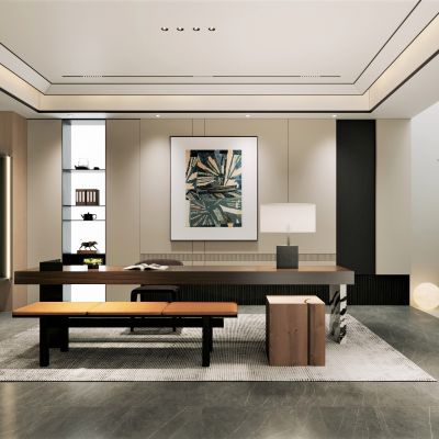 书房，侘寂，现代，书桌椅，吊灯，单椅，盆栽，书柜，地下室