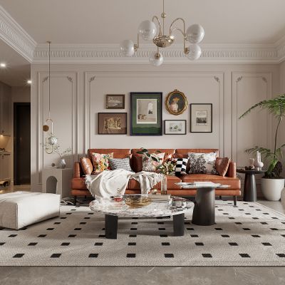 法式奶油侘寂风客餐厅， 沙发， 餐桌，电视柜 ，酒柜 ，装饰画