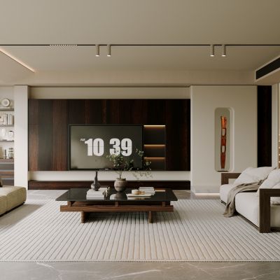 客厅，侘寂，现代，中古，沙发组合，落地灯，盆栽，背景墙，装饰画