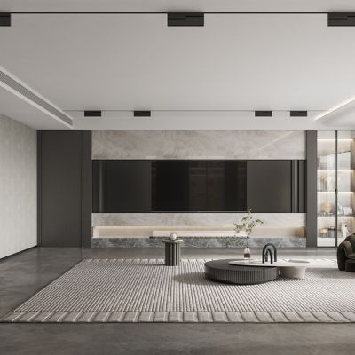 现代别墅客厅餐厅展示柜沙发单人沙发餐桌椅中岛台墙饰挂画