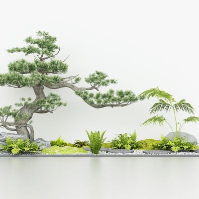 室内外造景，园艺景观小品，绿植景观石头，植物堆，迎客松，鹅卵石，景观池