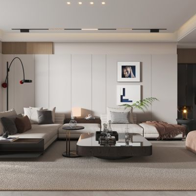 现代客餐厅，沙发，餐桌，电视柜，酒柜，吊灯，装饰画