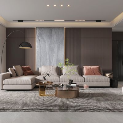 现代客餐厅，沙发，餐桌，电视柜，酒柜，吊灯，装饰画