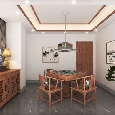 新中式麻将室，麻将桌椅组合，花几，边柜