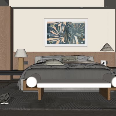 卧室，侘寂，现代，床品组合，台灯，装饰画，盆栽，背景墙