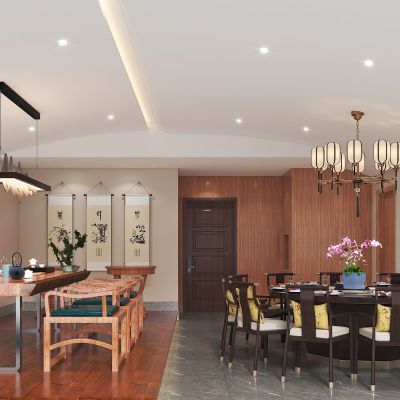 新中式餐厅大包厢，茶桌椅组合，圆餐桌椅组合，茶具柜