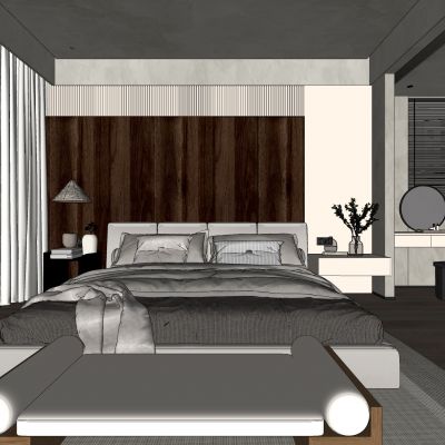 卧室，侘寂，现代，床品组合，台灯，装饰画，盆栽，背景墙