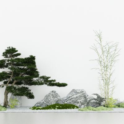室内外造景，园艺景观小品，绿植景观石头，竹子，迎客松，鹅卵沙石，山体草坪