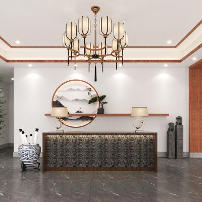 新中式茶楼大厅，茶室，茶叶展厅，前台，茶叶展柜，吊灯