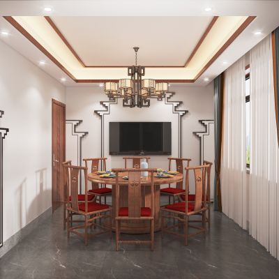 新中式餐厅包厢，圆餐桌椅组合，吊灯，中式屋檐墙造型